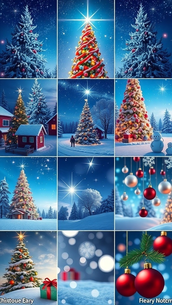 A selection of festive Christmas wallpapers showcasing winter scenes, Christmas trees, and holiday decorations.